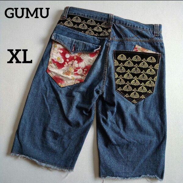 GUMU ダメージ加工ハーフパンツ デニム 和柄 ショートパンツ XL