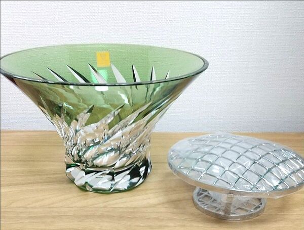 カガミクリスタル サンクラール 切子 ローズボウル 花瓶 グリーン