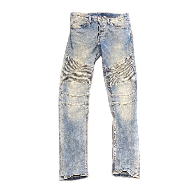 H&M バイカー ストレッチ デニムパンツ ブリーチ ビンテージ USED加工 ストレート スリム スキニー ジーンズ