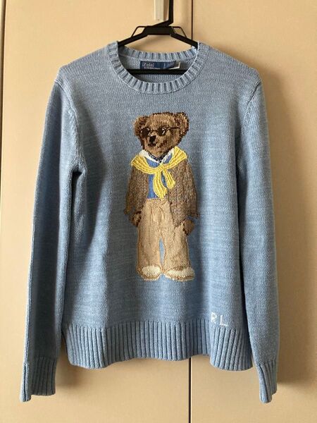 ☆ ポロ ラルフローレン ベア コットンセーター ニット S 水色 POLO RALPH LAUREN ポロベア 刺繍 サングラス