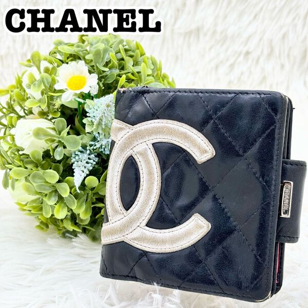 CHANEL シャネル 二つ折り財布 キルティング ピンク ブラック ロゴ ココマーク がま口
