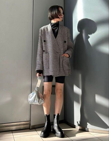 emmi atelier エミ ノーカラーダブルジャケットコートMIX ほぼ新品