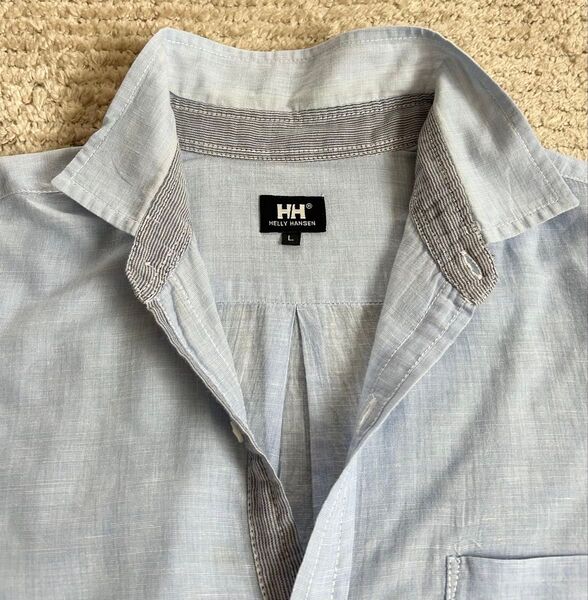 HELLY HANSEN ライトブルー系一部別布 麻混薄手シャツ L