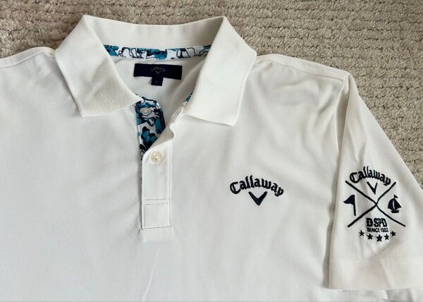 Callaway ホワイト系襟一部ライトブルー柄シャツ L ロゴ刺繍