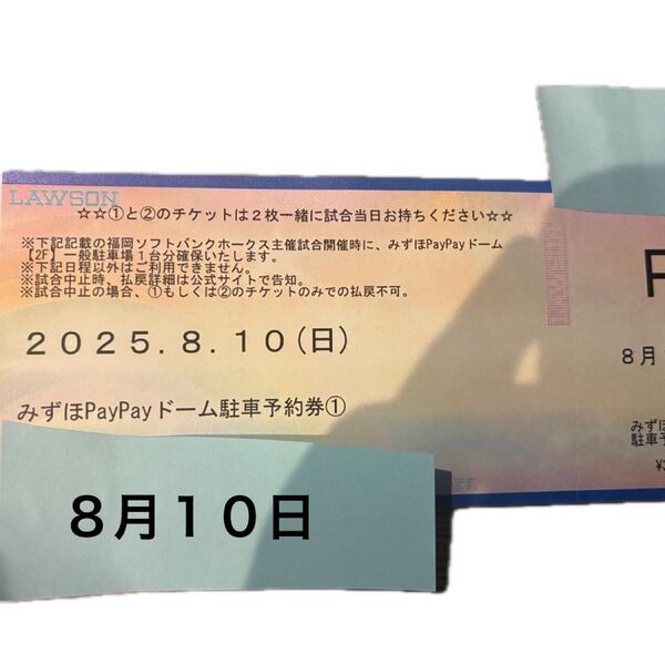 みずほPayPayドーム 駐車場 駐車券 予約券 8月10日 夏休み ソフトバンクホークス