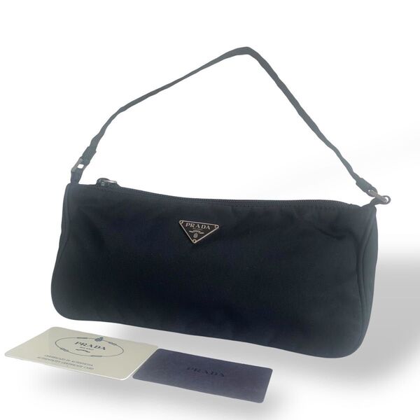 美品 PRADA プラダ アクセサリーポーチ ハンドバッグ 三角ロゴ プレート トライアングル テスートナイロン ブラック 黒