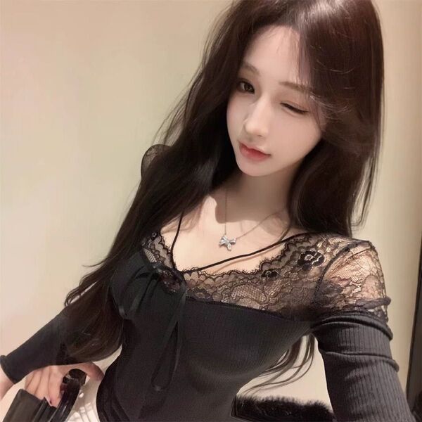 DHOLIC 同型 Vストラップ レース リボン リブ Tシャツ ブラック カットソー セクシー