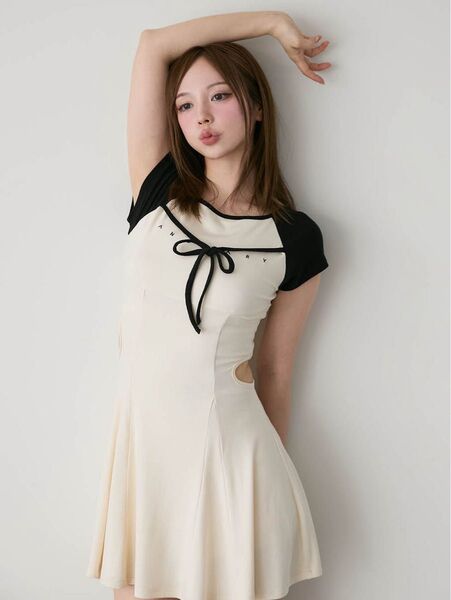アンドマリー andmary logo flare mini dress セットアップ ロゴ リボン アイボリー