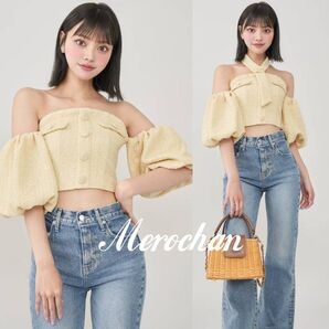 Darich ホルターネックオフショルツイードトップス イエロー