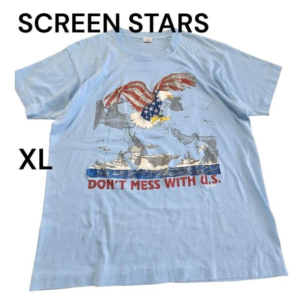 USA製ヴィンテージ SCREEN STARS XL 薄ブルー 袖裾 シングルスティッチ 半袖Tシャツ 綿100%