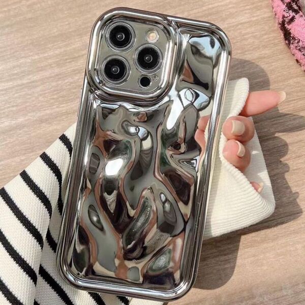 【iPhone15対応】Y2K風 メタリックウェーブ スマホケース シルバー ケース シンプル 韓国