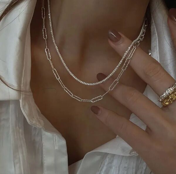 【スパークリングネックレス2点セット】インポートおしゃれ 可愛い 個性的 大人カジュアル シンプルアクセサリー ネックレス重ね付け