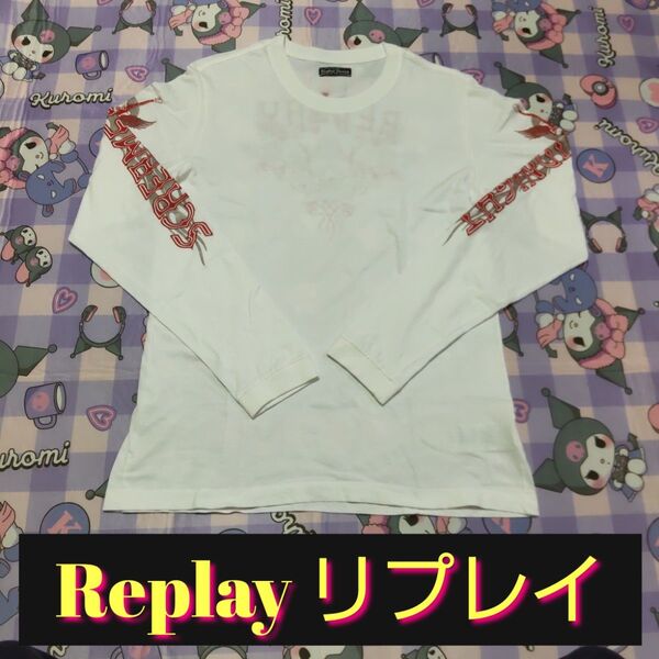 Replay リプレイ メンズ 長袖 シャツ ロンT ギター×ドクロ柄 トップス ホワイト系 薄手 サイズXL