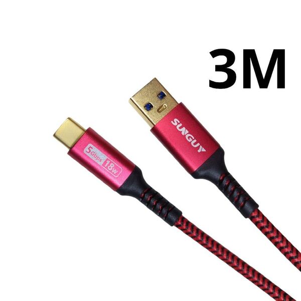 新商品! SUNGUY USB Type-A Type-C ケーブル 3M データ転送 充電ケーブル 赤 3メートル 長い 車載