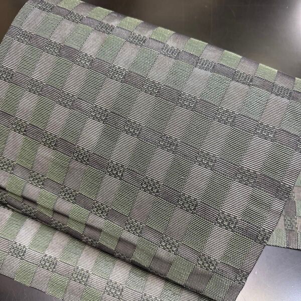 6-56 夏帯 夏物 名古屋帯 九寸 美品 正絹 着物 名古屋仕立て 紗 市松模様