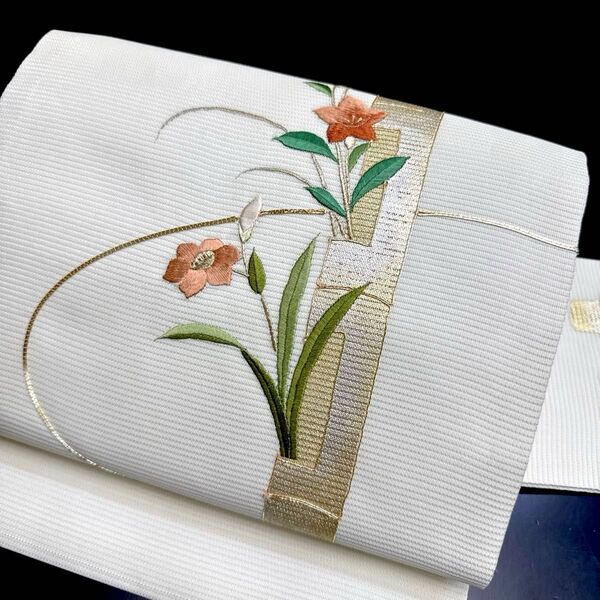 6-39 夏帯 夏物 名古屋帯 九寸 美品 正絹 着物 名古屋仕立て 紗 刺繍
