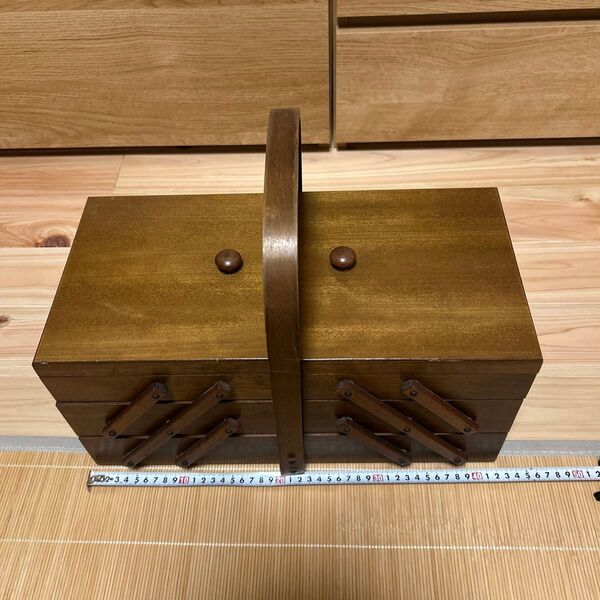 裁縫箱 木製 昭和レトロ ソーイングボックス 小物入れ 古道具 ブラウン 収納 長期保管品