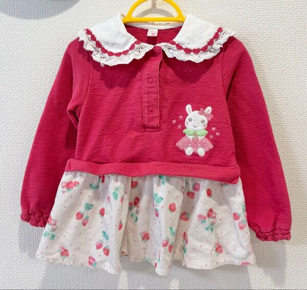 美品 クーラクール 微裏起毛 うさみみ いちごプルオーバー レッド 100