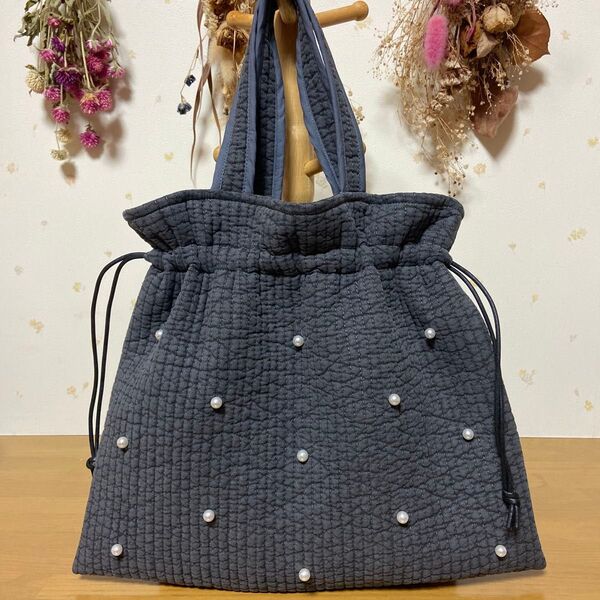 韓国 ハンドメイド イブル ヌビバッグ パール付き巾着レッスンバック