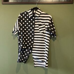 ドット×ストライプ 切り替えシャツ アシンメトリー モノトーン