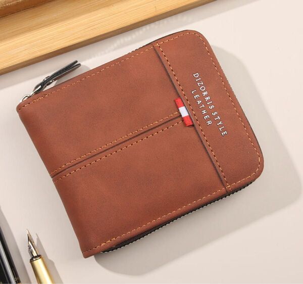 PUレザーラウンドファスナーメンズ財布、ウォレット メンズ財布 大人気 財布 高級感、新品*当日発送(薄いブラウン)