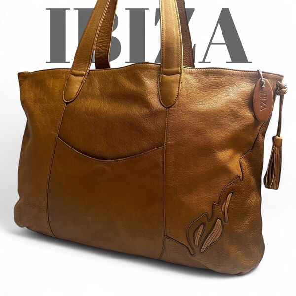 美品 IBIZA イビサ トートバッグ 肩掛け 大容量 A4収納 タッセル ブラウン レザー タッセル ユニセックス 0798