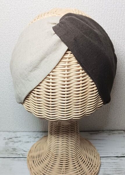 ハンドメイド クロスターバン 柔らかハーフリネン ベージュ×ブラウン