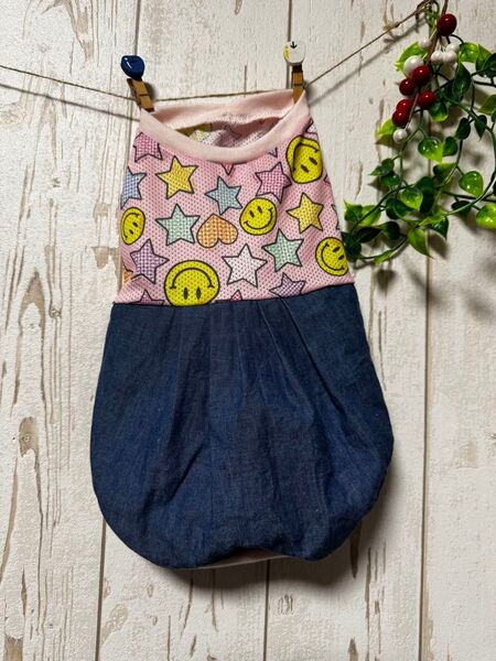 ハンドメイド スマイル 星柄 メッシュ デニム切り替えワンピース犬服 Mサイズ 大きめチワワ トイプー 冷感