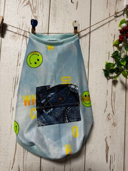 ハンドメイド スマイル メッシュ犬服 保冷剤ポケット付きMサイズ 大きめチワワ トイプー 冷感