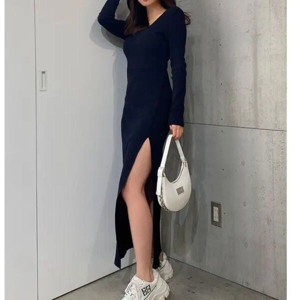 GYDA ジェイダ BACK OPEN DEEPスリット テレコロングワンピース ブラック 黒