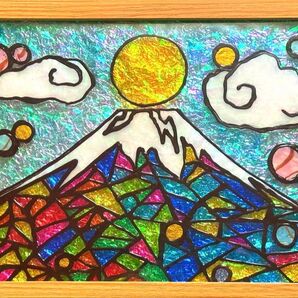 なないろ富士開運金運ステンドグラスガラス絵の具イラストアート手描き犬猫龍神