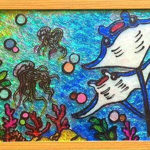 沖縄の海マンタ開運金運絵画ステンドグラスガラス絵の具イラスト手書きアート富士山犬猫インテリアグラスデコキラキラ