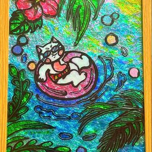 沖縄にゃんこステンドグラスガラス絵の具金運開運絵画手書きイラストアート富士山犬猫