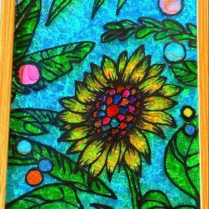 ひまわりステンドグラスガラス絵の具金運開運絵画沖縄龍神犬猫イラスト