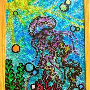 クラゲ開運金運絵画ステンドグラスガラス絵の具手書き幸運イラスト犬猫龍神沖縄