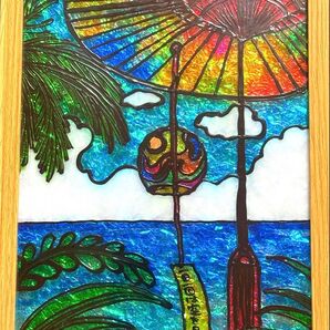 海と風鈴ステンドグラスガラス絵の具金運開運絵画沖縄犬猫龍神インテリアアート