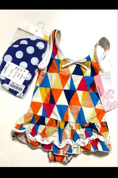 【新品】90cm 女の子 フリル水着 帽子 スイムキャップ スイムウェア 水着 ワンピース