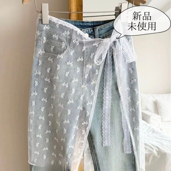 シアー レースラップ スカート リボン柄 シースルー 重ね着 体型カバー 華やか レイヤード レディース ホワイト 新品 未使用