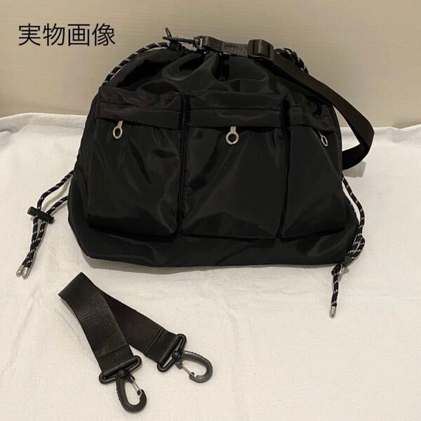 新品 未使用 ショルダーバッグ ナイロン 巾着 黒 ドローストリング 大容量 ブラック 撥水 レディース メンズ マザーズバッグ