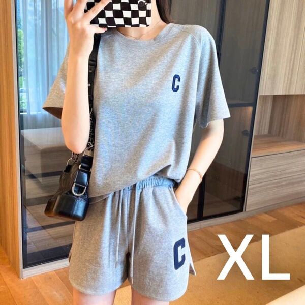 XL部屋着 ルームウェア スウェット風 パジャマ 半袖 ショートパンツ グレー レディース Tシャツ セットアップ 新品 未使用