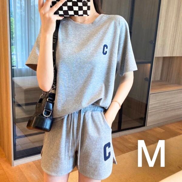 M部屋着 ルームウェア スウェット風 パジャマ 半袖 グレー レディース Tシャツ セットアップ 上下セット 韓国 未使用