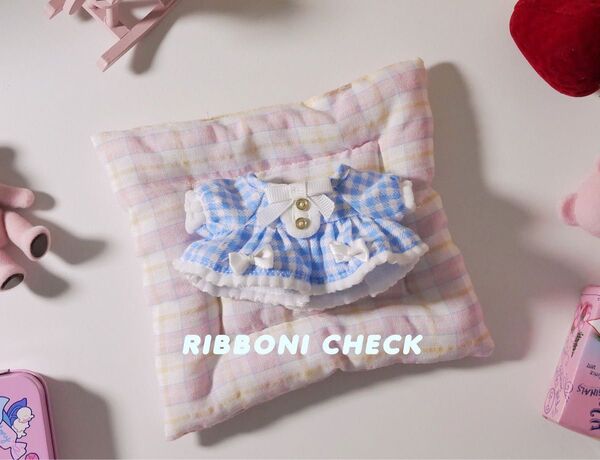 無属性 ぬいぐるみ 10cm ぬい服 Ribboni check onepiece 水色