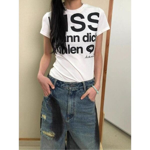 y2k Tシャツ 白色 ピチT グランジ 平成ギャル 韓国 KISS Mサイズ