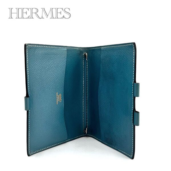 HERMES アジェンダPM 差し込み式手帳カバー ブルーグレージュ系 スケジュール帳カバー メモ帳カバー シルバー金具