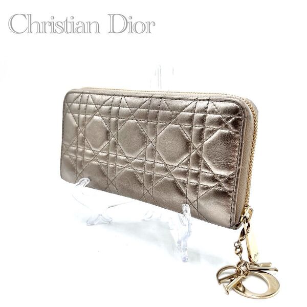 ★Christian Dior カナージュ ラムスキン ラウンドZIP長財布 ゴールド★