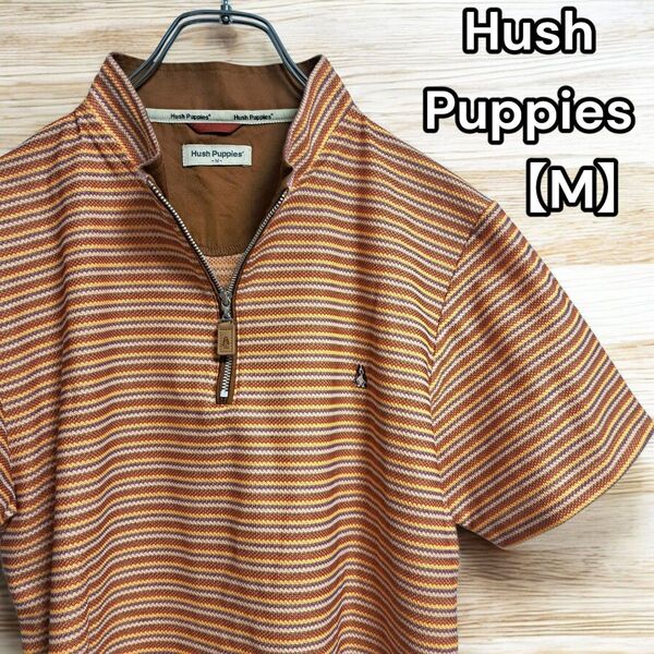 美品★ハッシュパピー【Hush Puppies】ハーフジップ ボーダー 半袖 M ポロシャツ 刺繍 犬