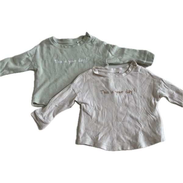 子供服 保育園着 2枚セット トップス 長袖Tシャツ 長袖 カットソー オフホワイト ライトグリーン 70-80cm