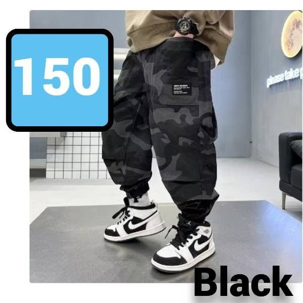 キッズ カーゴパンツ カモフラ 迷彩 ブラック 150 ボトムス こども 男の子