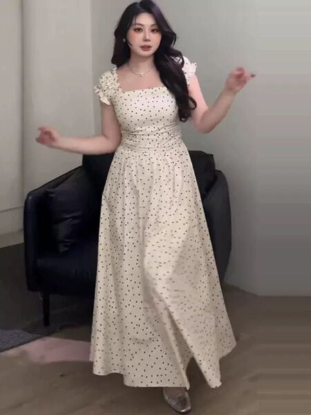 フランス風のスクエアカラーポルカドット小さな飛行袖ドレス女性用夏のウエストあい言葉スカート優しい風の個性度假服(XL)