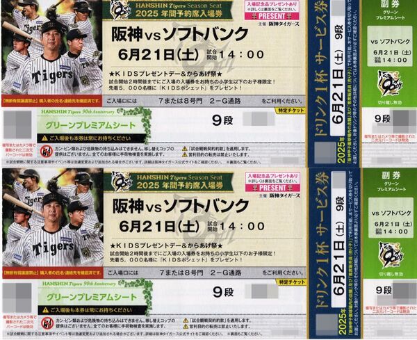 阪神vsソフトバンク 6月21日(土)14:00〜 グリーンプレミアムシート 連番